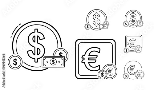 A minimalist vector graphic illustration of various currency symbols and coins