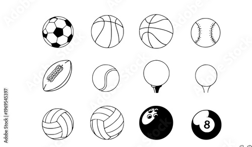 A set of black and white vector icons of various sports balls