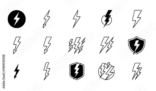 A set of black and white lightning bolt icons and symbols