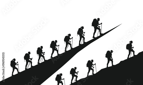 Silhouettes of hikers climbing mountain steep uphill trail.