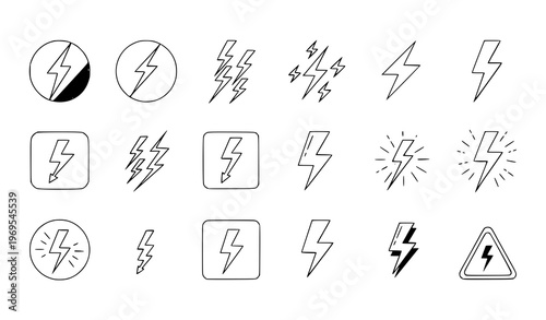 A set of black and white lightning bolt icons and symbols