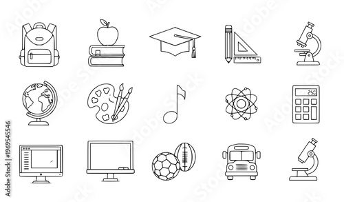A set of educational icons including school supplies and symbols