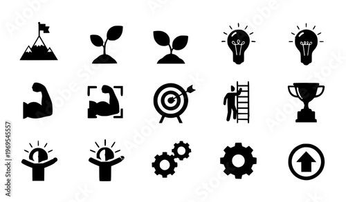 A set of black and white vector icons representing business and success concepts