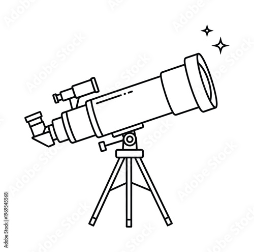 Vector of a telescope mounted on a tripod facing the sky at night with stars