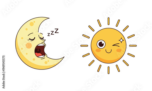 Sleepy moon and winking sun cute cartoon characters day and night concept.