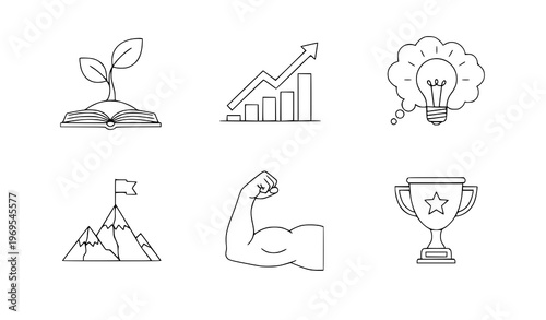 A set of six minimalist line art icons representing growth and success