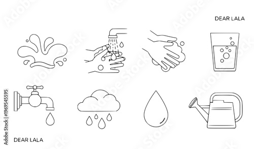 A set of minimalist line art icons depicting various water related concepts