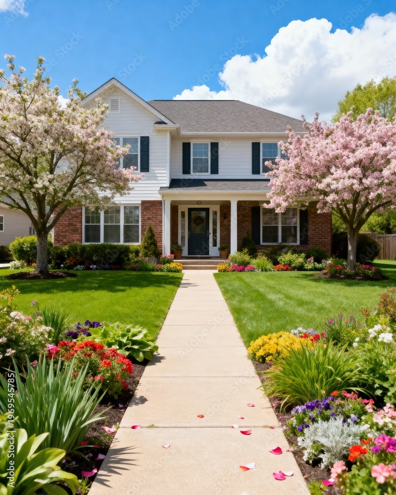 Obraz premium Residential property with beautiful landscaping, pathway, and modern house design in sunny outdoor setting