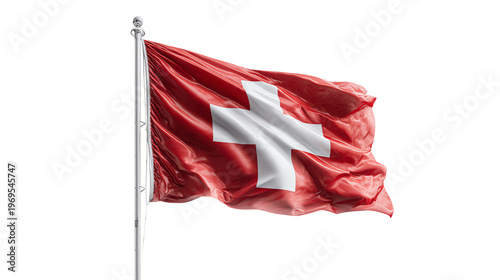 A Swiss flag flutters in the wind atop a flagpole against a pure white background