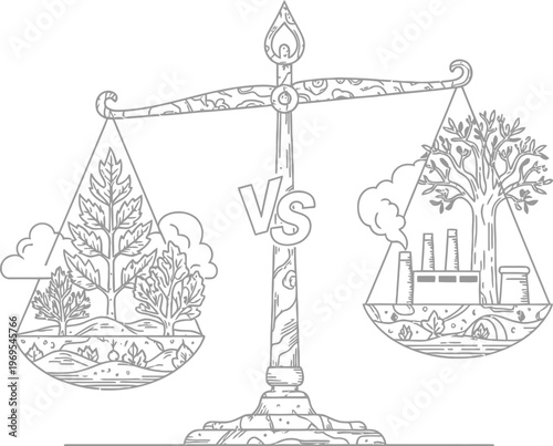 Line art illustration of a balanced scale comparing healthy lush nature and trees with polluting factory industry and environmental impact