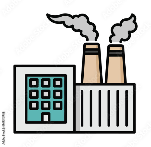 Vector of an industrial factory with tall chimneys releasing smoke into the sky.