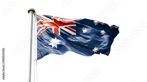 An Australian flag flutters in the wind atop a flagpole against a pure white background