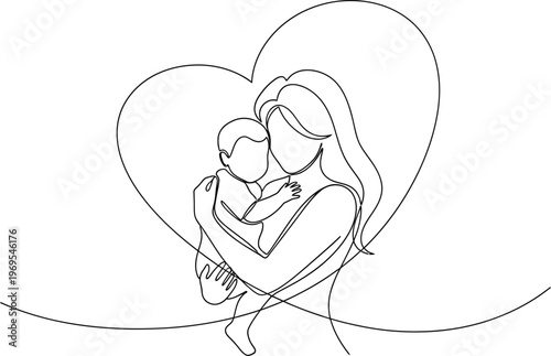 Continuous line art drawing illustrates a tender moment of a loving mother embracing her precious baby, surrounded by a heart symbolizing maternal love and care.