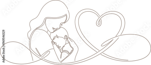 Beautiful continuous line art drawing of a loving mother gently cradling her newborn baby, symbolizing family bond and maternal care.
