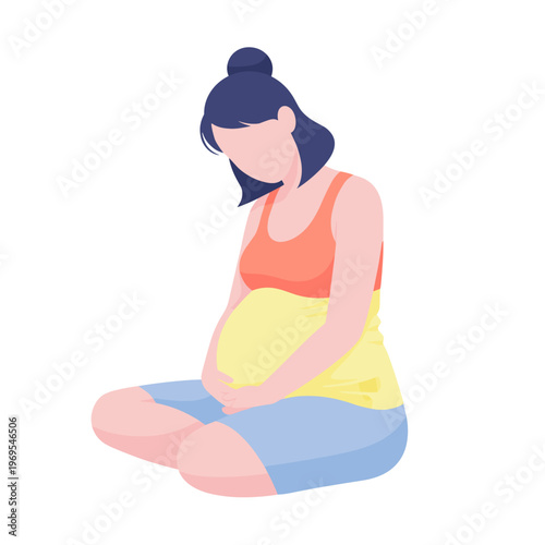 Pregnant woman sitting on floor and holding her belly in comfort  