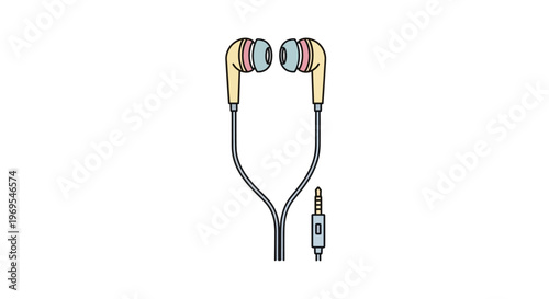 Colorful earbuds with cord and plug.
