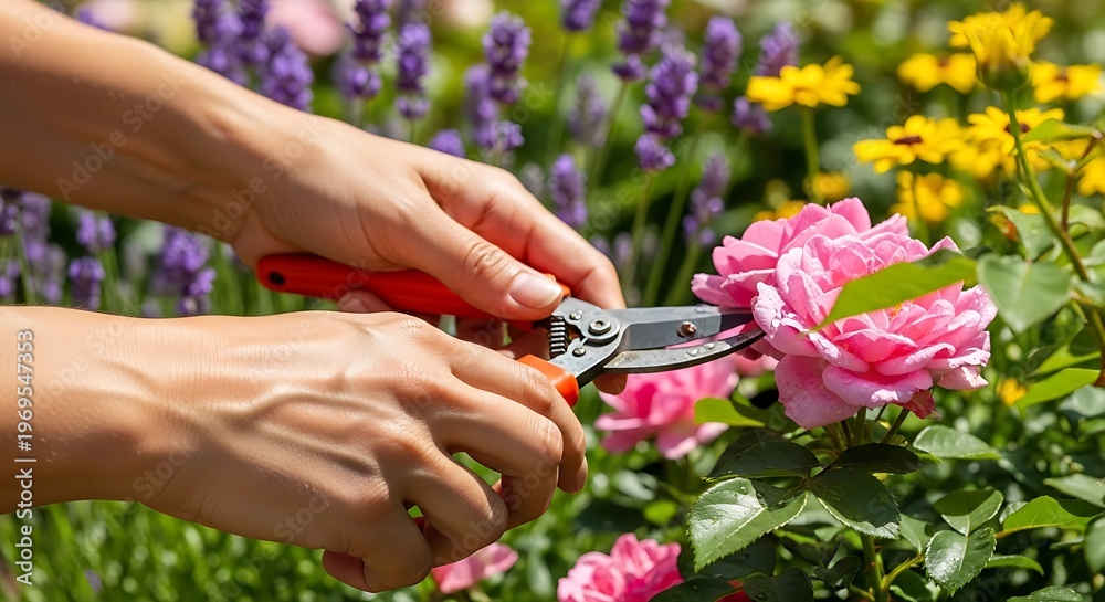 Fototapeta premium Person trims pink rose bush using hand shears