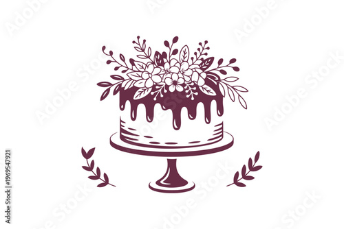 Burgundy and white wedding cake with floral decorations on pedestal stand flowers