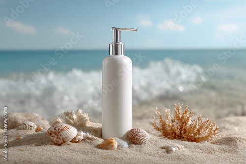 A bottle of soap rests on a sandy beach surrounded by shells and small sea creatures.