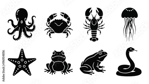 A collection of marine life and amphibians presented in stark black shapes creating a striking silhouette high quality professional detailed modern