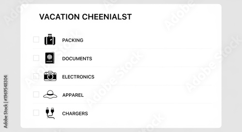 A checklist with packing, documents, electronics, apparel, and chargers for a vacation on a white background