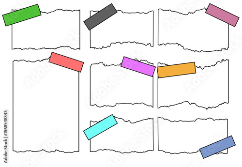 カラーテープで貼られた破れた紙フレームのセット メモやメッセージに使えるラフでナチュラルな紙素材イラストコレクション