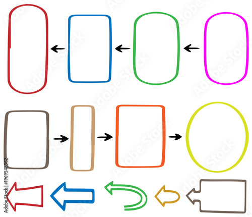カラフルな枠と矢印で構成されたフローチャート用図形セット、ビジネス資料や説明図に最適な視認性の高いインフォグラフィック素材