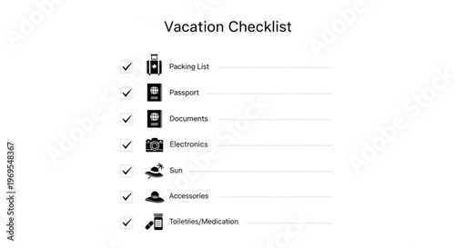 A close-up shot of a vacation checklist on a white background with checkmarks and icons in a minimalistic style