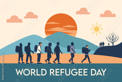 A group of silhouetted figures walking toward the sun for world refugee day