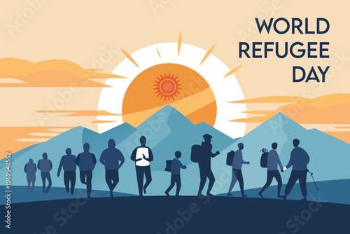 World refugee day illustration silhouettes of people walking towards the sun