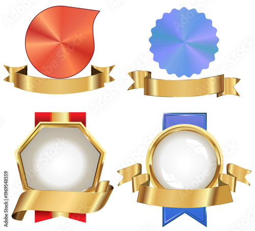 表彰メダルとリボン付きエンブレムテンプレートセット（赤・青リボンと金色バナー）アワードやランキング表示に使える高級デザイン素材