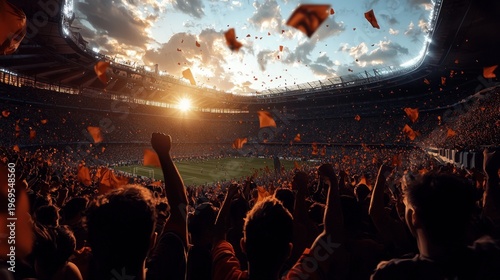 A packed stadium erupts in celebration during sunset, flags fill the air as fans cheer, view from the stands
