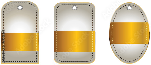 高級感のあるゴールド帯付きタグ型ラベルテンプレートセット（角丸・楕円・縫い目デザイン入り）商品パッケージや値札に使える汎用ベクター素材