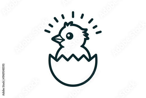 Cute yellow chick hatching from a cracked egg with radiant lines baby