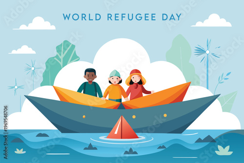 World refugee day illustration featuring children in a paper boat scene