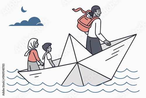 A family journeys together on a paper boat under a crescent moon