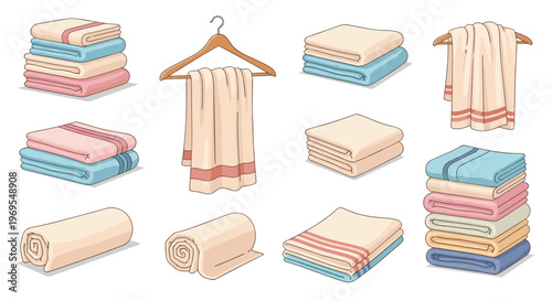 Variety of soft cotton towels in shades of blue, pink, and beige are shown folded in stacks, rolled up, and hanging on wooden hangers.