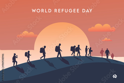 World refugee day illustration depicting silhouettes of people walking towards hope