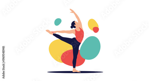 Woman in a red top and dark leggings performs a graceful yoga or dance pose against a background of colorful abstract oval shapes.