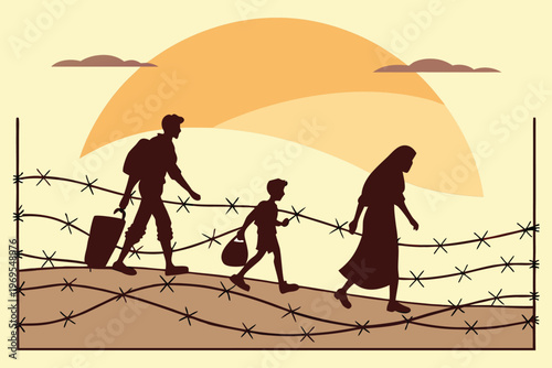 Refugee family walks toward a sunset passing a barbed wire fence