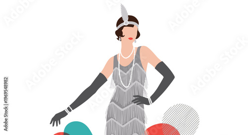 Stylish woman in a silver flapper dress with fringe and a feathered headband poses in a classic nineteen twenties fashion illustration style.