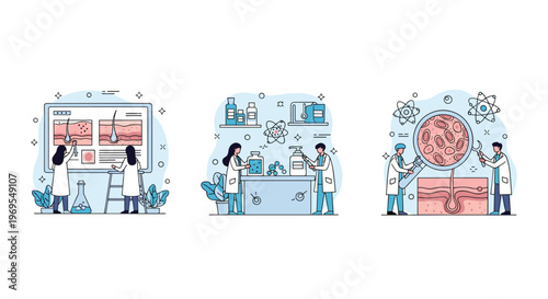 Scientific research concept with laboratory professionals analyzing human skin cells, chemicals, and biological samples in three panels.