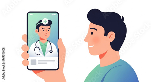 A man smiles while holding a smartphone with a telemedicine interface showing a doctor on the screen against a clean white background