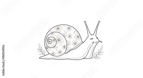 Delicate black and white line art illustration of a sad crying snail with a beautiful floral pattern decorating its spiral shell.