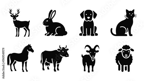 A collection of diverse animal figures including a deer rabbit dog and cow are depicted in a striking silhouette high quality