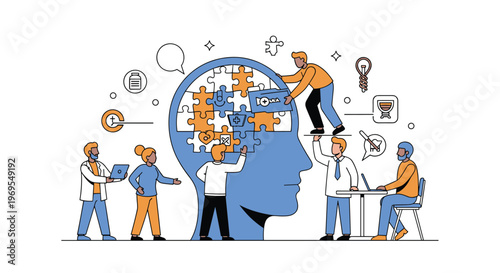 Collaborative team working together to assemble a complex jigsaw puzzle inside a large blue human head silhouette for mental health.