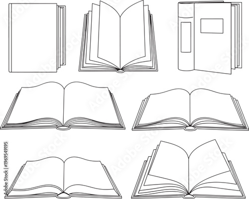 A collection of various open and closed book illustrations in black and white