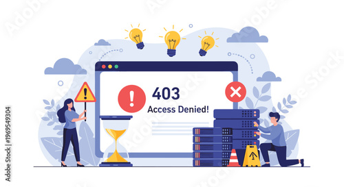 Creative illustration for a 403 access denied error page featuring people working with servers, an hourglass, and warning signs.