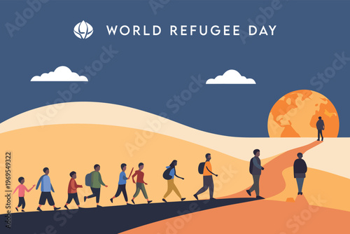 World refugee day illustration depicting a diverse group walking towards hope