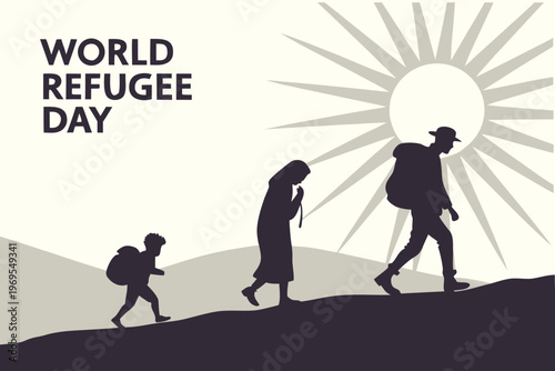 World refugee day illustration silhouettes of a family walking towards the sun